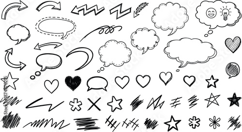 Collection of hand drawn speech bubbles hearts stars and decorative lines