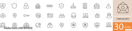 Flat line vector cyber security icon set showing data protection, network safety, and digital security concepts in clean minimal style. Perfect for technology, IT, and business security design use.