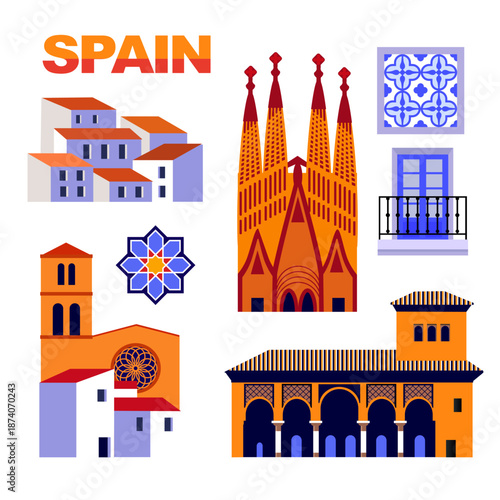 set of spanish buildings vector icons
