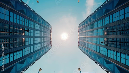 A camera moves upward from ground level between tall skyscrapers toward the sun above, with reflective glass mirroring neighboring buildings and the sky.