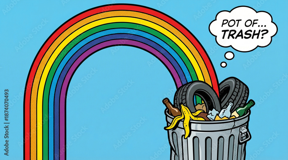 Fototapeta premium Ironical pot of trash at the end of a rainbow