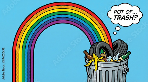 Ironical pot of trash at the end of a rainbow