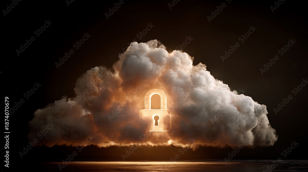 Fototapeta premium Glowing padlock centered within a cloud formation, symbolizing data security against a dark backdrop