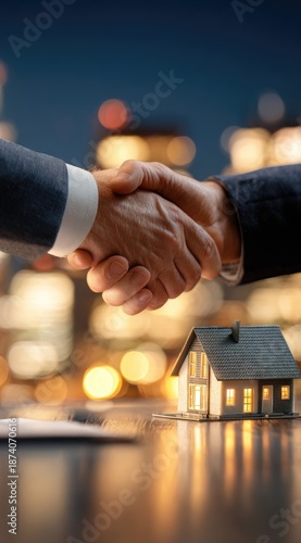 Close-up of hand shake over a tiny house model, blurred cityscape at night