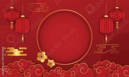 Celebration of chinese new year with round ring frame with ornament on red background decoration