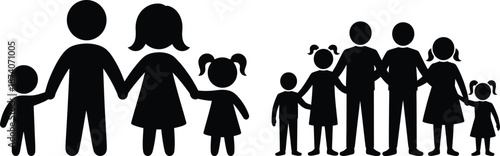 Simple black silhouettes illustrating different family units and groups