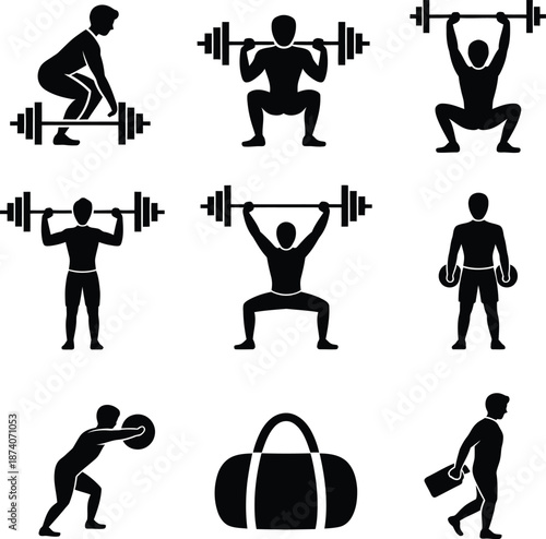 A collection of black silhouette icons representing various fitness and gym activities including weightlifting