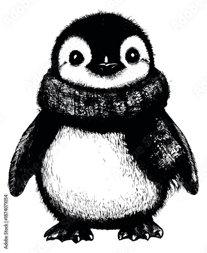 Hand drawn line art illustration of a baby penguin depicting a charming winter character for seasonal greetings