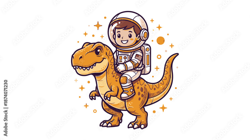 Fototapeta premium Cute astronaut riding a dinosaur in space.