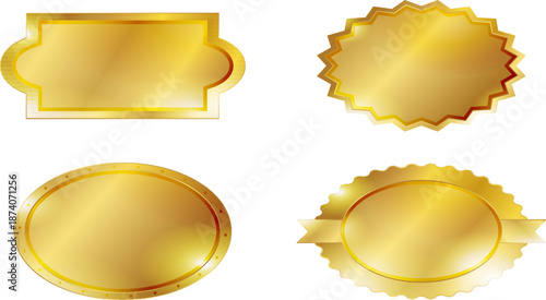 金色のメダルとエンブレムの装飾イラストセット、受賞・表彰・実績・高品質・ランキング表示に使える高級感のあるビジネス向けデザイン素材
