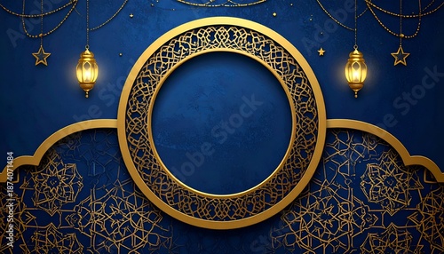 Decorative Ornamental Background With Golden Details and Illuminated Lanterns on Blue Surface