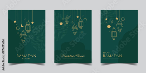 Set of ramadan kareem greeting card background.islamic ornament lantern line art decoration