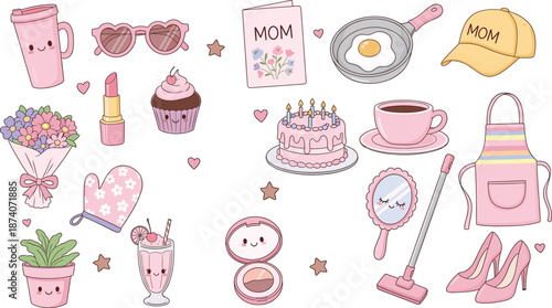 Cute Mother's Day Kawaii Sticker Set Featuring Pink Lifestyle Icons, Kitchenware, Makeup, and Gift Elements.