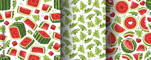 Set Of Seamless Patterns With Assorted Watermelon Slices And Leaves In Flat Style. Repeating Summer Texture For Fresh Branding, Scrapbooking, Textile Design, Wallpaper And Packaging.