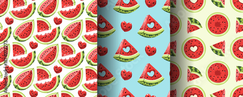 Set Of Seamless Patterns With Watermelon Slice And Carved Heart In Flat Style. Repeating Summer Love Texture For Food Branding, Scrapbooking, Textile Design, Invitation And Packaging