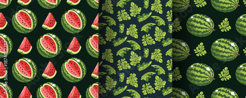 Set Of Seamless Patterns With Watermelon And Leaves In Flat Style. Repeating Summer Texture For Fresh Food Branding, Scrapbooking, Textile Design, Wallpaper And Packaging