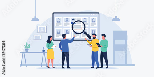 Flat vector illustration of recruitment and hiring process with team reviewing candidates, resume screening and human resources concept
