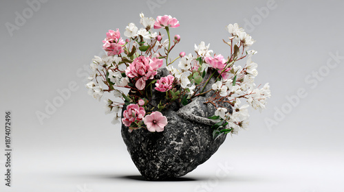 A colorful arrangement of pink roses and purple blossoms in a glass vase creates a beautiful floral bouquet of spring flowers with green leaves for a natural gift or home decoration
