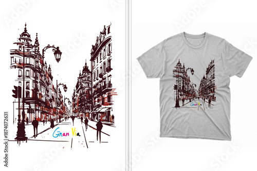 gran via street madrid vector graphic t-shirt design print