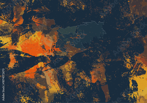 Gritty dark navy and orange textures blend together to create a weathered industrial artistic surface