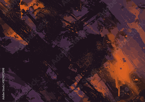 Grungy abstract background contains energetic dark paint strokes and vibrant orange splatters over purple