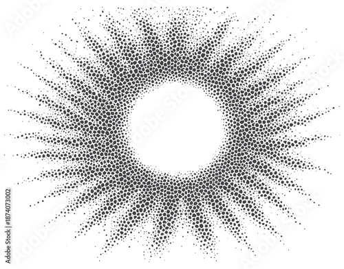  A striking halftone sunburst radiates outward from a clean circular center, created from dense black dots. Ideal for abstract backgrounds, modern art,