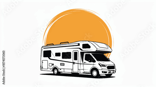Line Art Motorhome RV with Orange Sun Circle camper vehicle