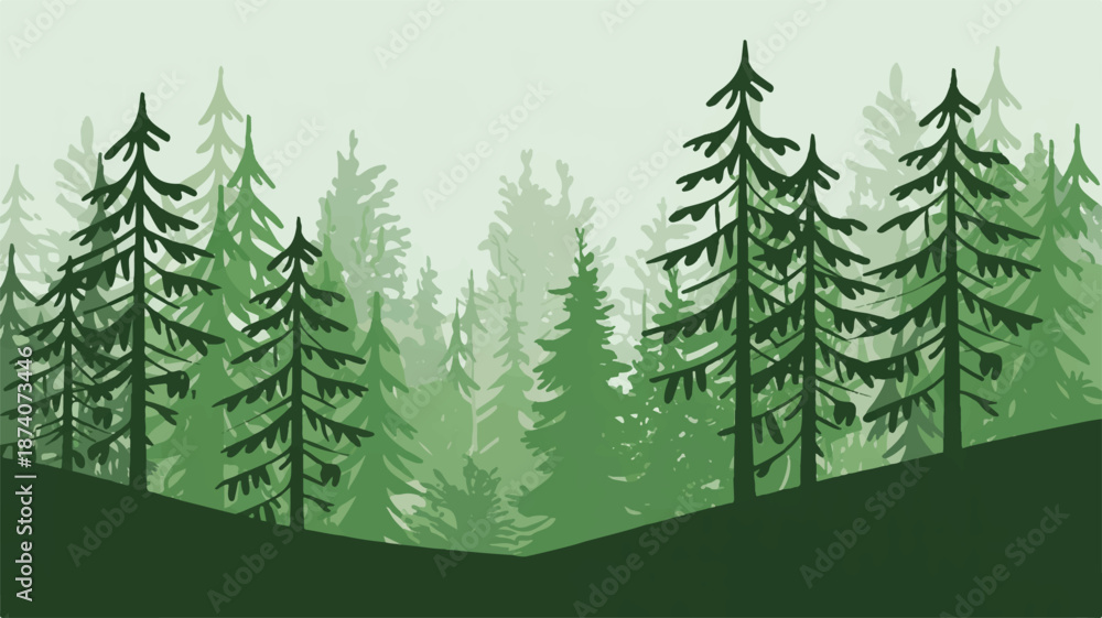 Fototapeta premium Evergreen Forest Landscape Silhouette with Layered Trees and Foggy Background Keywords: forest, trees, evergreen, nature, landscape