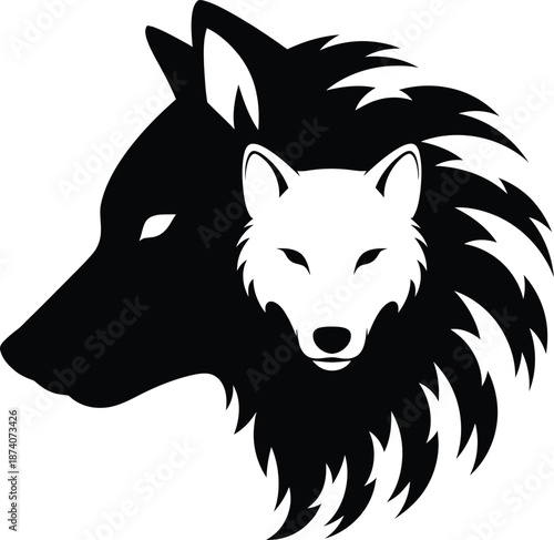 Wolf Dual Head Emblem Black and White Vector