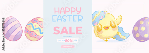 Horizontal promo banner for Easter. Yellow fluffy chicken, Easter eggs. Spring discounts, sale. Vector illustration for posters, banners, advertisements, flyers
