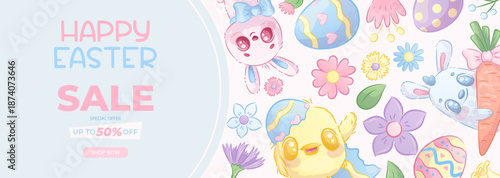 Horizontal promo banner for Easter. Easter bunnies, eggs, chickens, flowers. Spring discounts, sale. Vector illustration for posters, banners, advertisements, flyers