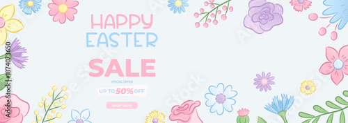 Horizontal promo banner for Easter. Flowers, twigs, leaves. Spring discounts, sale. Vector illustration for posters, banners, advertisements, flyers