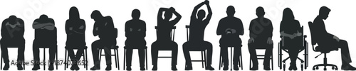 People in various sitting positions silhouette. Profile postures, such as slouching, leaning back with hands behind the head, stretching, and working on a desk. 