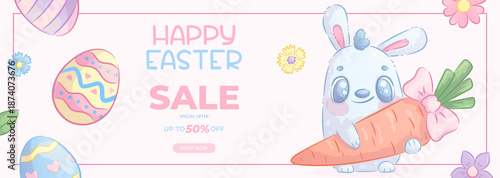 Horizontal promo banner for Easter. A rabbit with a carrot tied with a bow, spring flowers. Spring discounts, sale. Vector illustration for poster, banner, advertisement, flyer