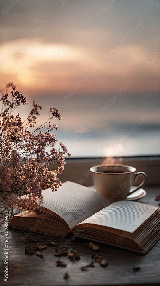 Obraz premium Open Book And Coffee Cup At Window With Sunset View