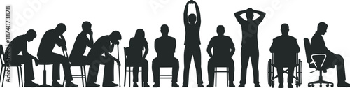 People in various sitting positions silhouette. Profile postures, such as slouching, leaning back with hands behind the head, stretching, and working on a desk. 