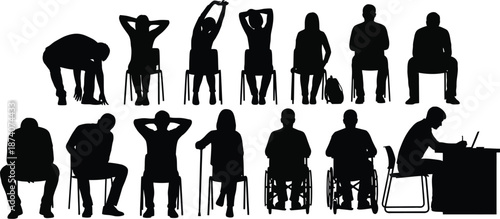 People in various sitting positions silhouette. Profile postures, such as slouching, leaning back with hands behind the head, stretching, and working on a desk. 