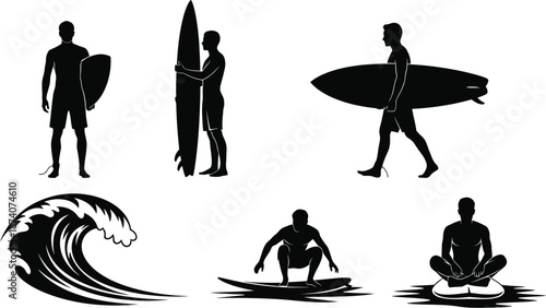 Male surfers pose silhouette. Surfers carrying their boards, standing by their boards, and actively riding a wave vector illustration. 