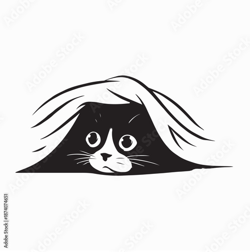 Curious Cat Peeking Out From Under Blanket Image Vector on White Background