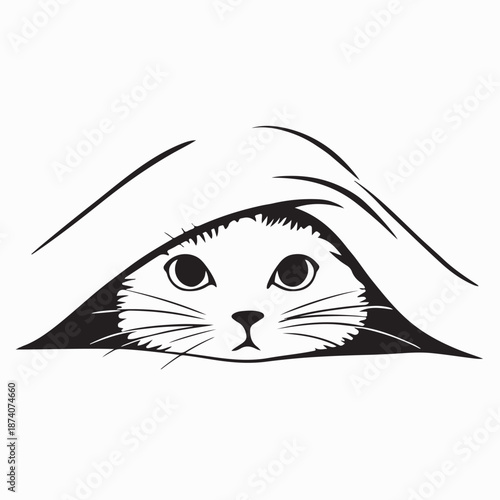 Curious Cat Peeking Out From Under Blanket Image Vector on White Background