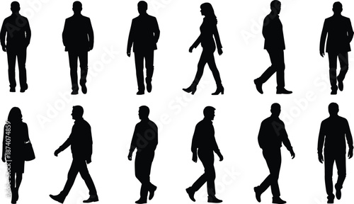 Business people walking silhouette set, flat vector illustration of professional men and women in motion, corporate lifestyle, office commute and urban work concept