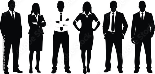 Business team silhouette set, flat vector illustration of professional men and women standing confidently, corporate leadership concept, office staff and teamwork design