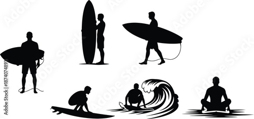 Male surfers pose silhouette. Surfers carrying their boards, standing by their boards, and actively riding a wave vector illustration. 