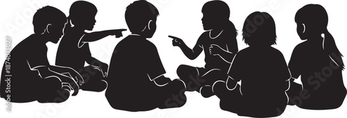 Silhouette of children sitting in a circle talking together