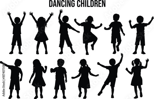 Dancing children silhouette set, flat vector illustration of happy boys and girls moving joyfully, kids activity collection, childhood fun and celebration concept design