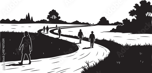 People walking on a winding path in the countryside