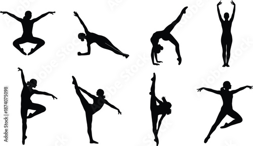 Dance and yoga silhouette pose collection, flat vector illustration of flexible female athletes performing balance, stretching and artistic movements, fitness and wellness concept
