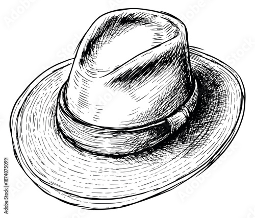 Hand drawn illustration of a fedora hat depicting a classic style for men's fashion and apparel design