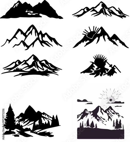 Collection of various bird silhouettes flying and perching with nest scene