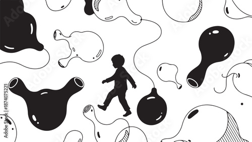 Silhouette of a child walking among abstract shapes freely